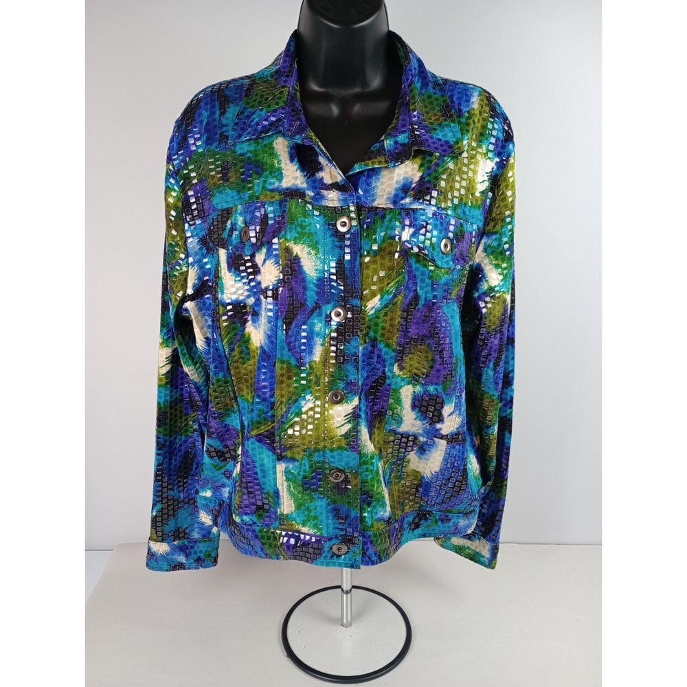Notations Women's L Blue Green Shiny Button Jacket with Clear Vinyl Sequins